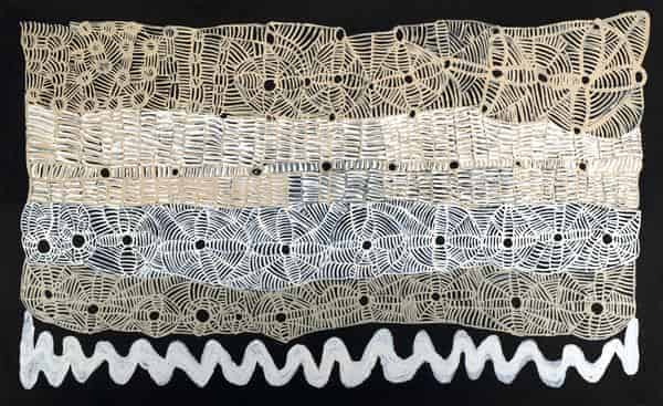 Doris Bush Nungurrayi, Tjurrpinyi Ikuntji, 2018, Acryl auf Leinen, 122 × 198 cm, Foto: Aboriginal and Pacific Art, Sydney